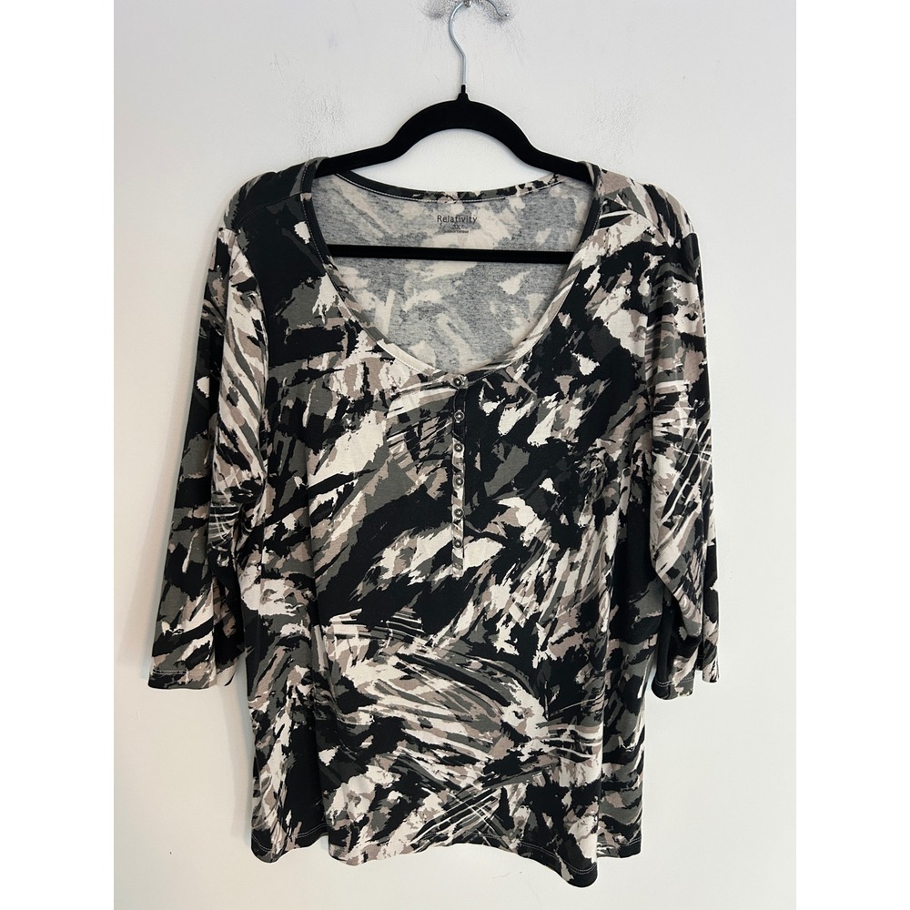 Women's 3X Henley Top Black Grey Abstract Brushstroke 3/4 Sleeve 100% Cotton